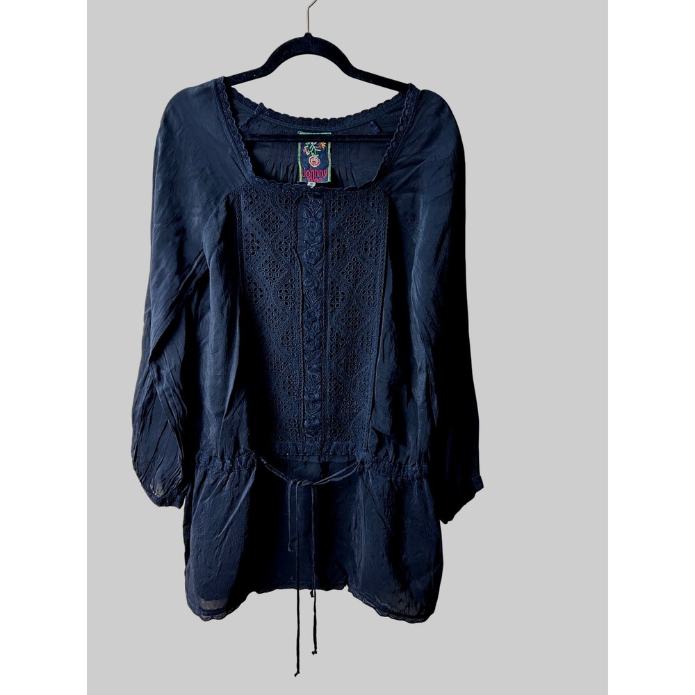 Johnny Was Embroidered Blouse Tunic Drawstring Waist Long Sleeve Black Size‎ S
